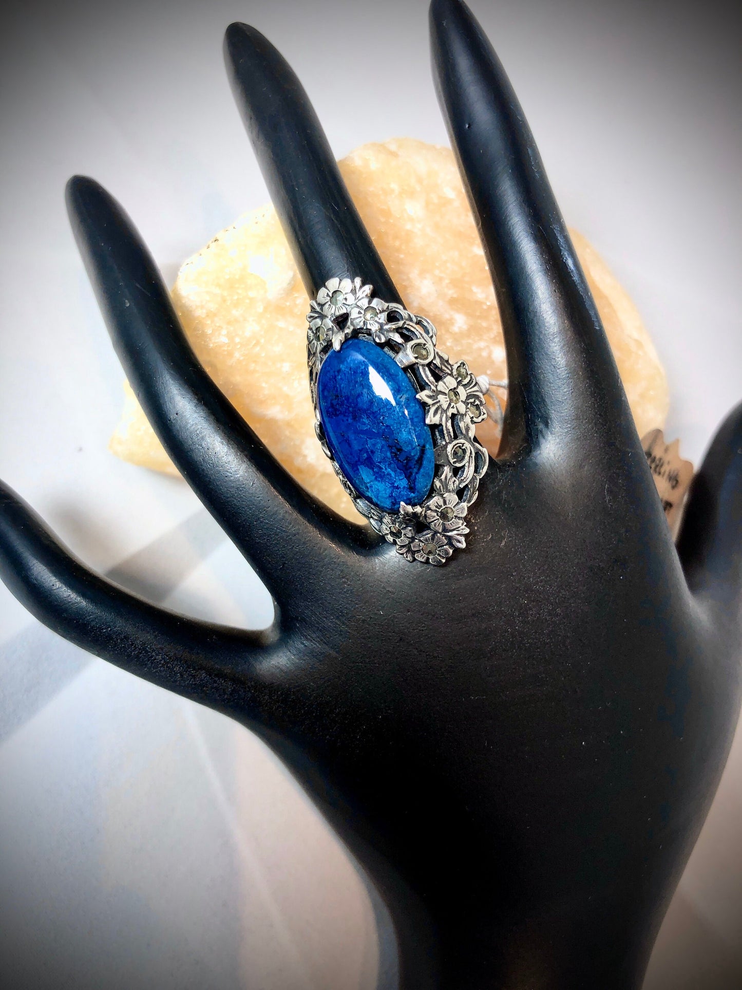 Art Nouveau Sterling Floral Design w/ Blue Lapis Art Glass & Marcasite Ring