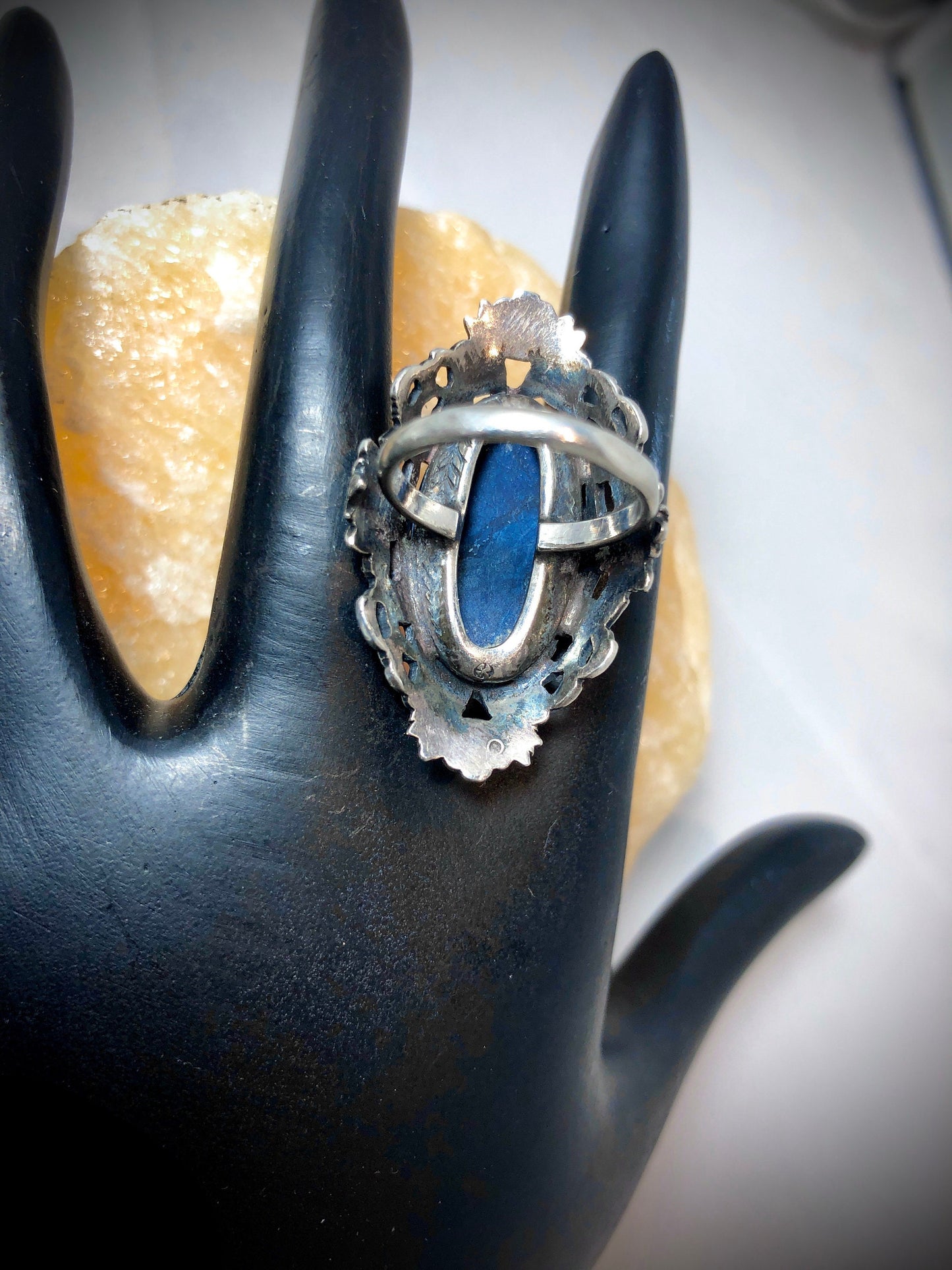 Art Nouveau Sterling Floral Design w/ Blue Lapis Art Glass & Marcasite Ring