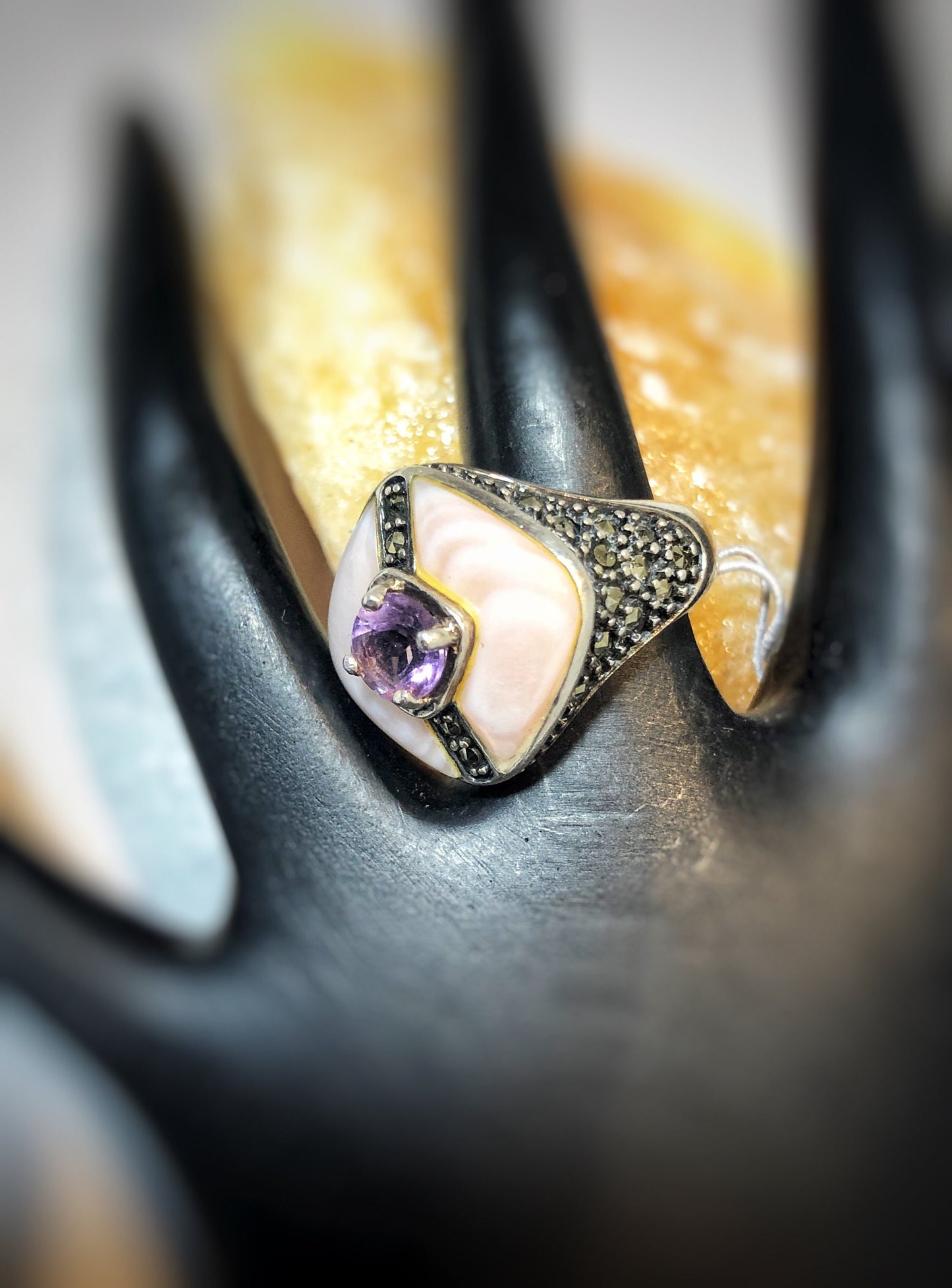 Art Deco Sterling Silver Marcasite Amethyst & Mother of Pearl Cocktail ring