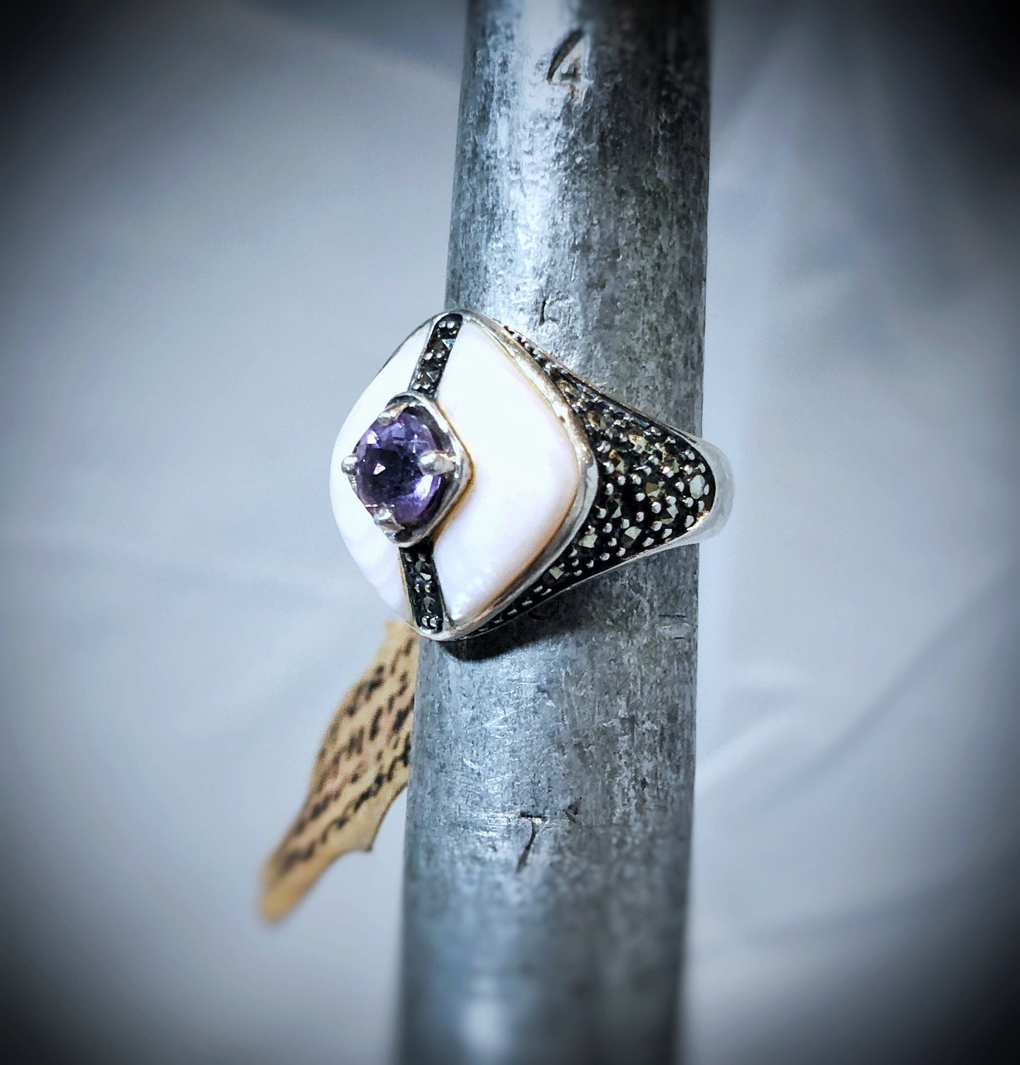 Art Deco Sterling Silver Marcasite Amethyst & Mother of Pearl Cocktail ring