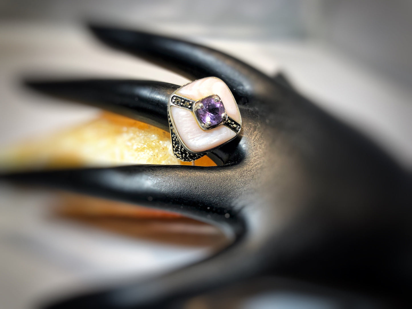 Art Deco Sterling Silver Marcasite Amethyst & Mother of Pearl Cocktail ring