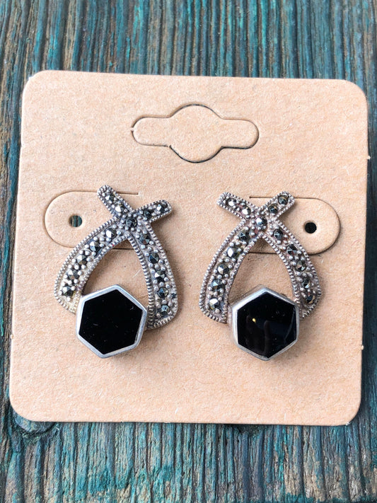 Sterling silver , marcasite and onyx art deco pierced pot earrings