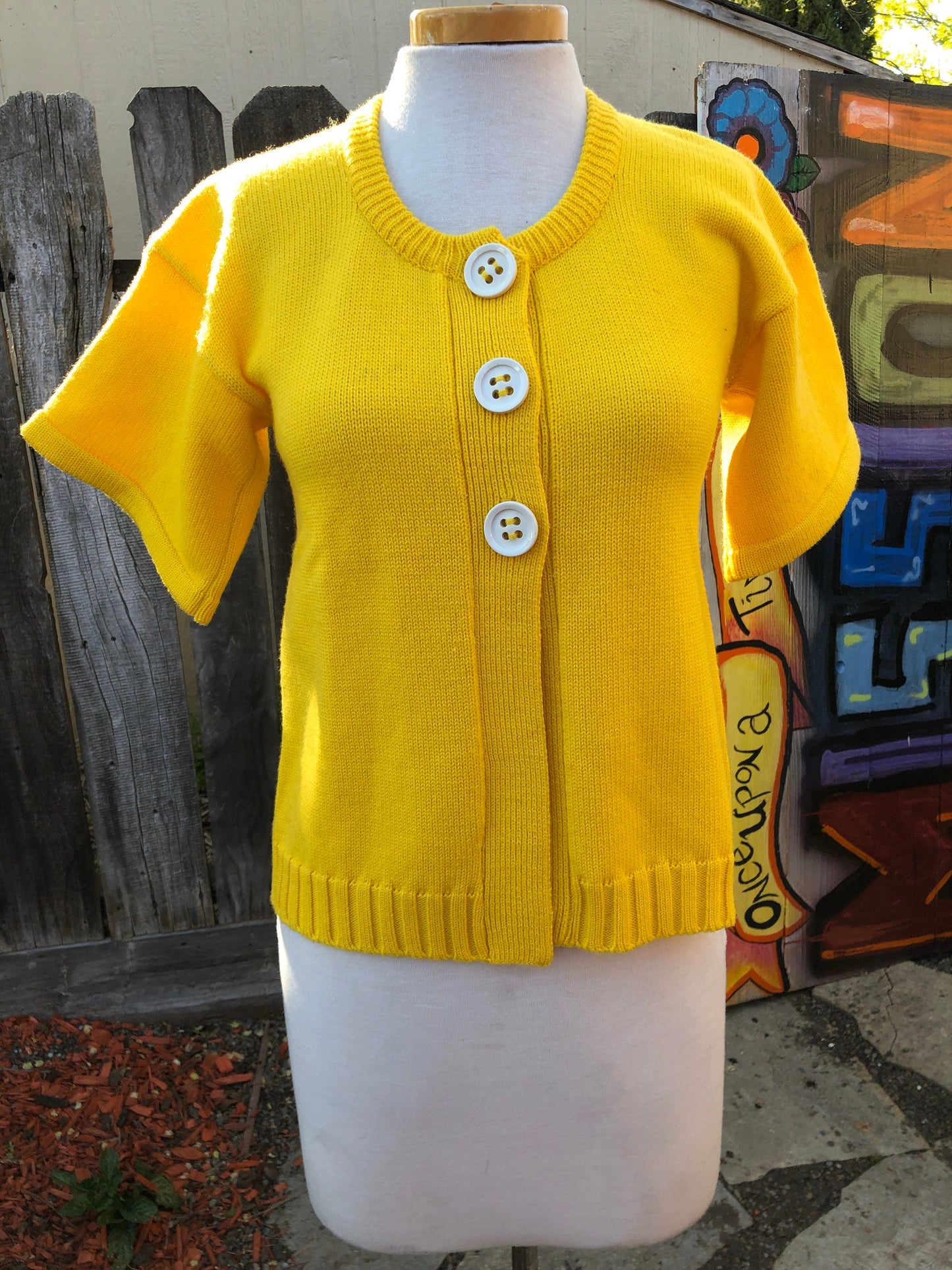 Vintage 1960 Yellow Knit Half Sleeve Cardigan with big white buttons