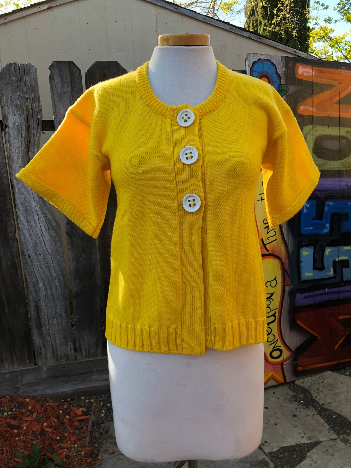 Vintage 1960 Yellow Knit Half Sleeve Cardigan with big white buttons