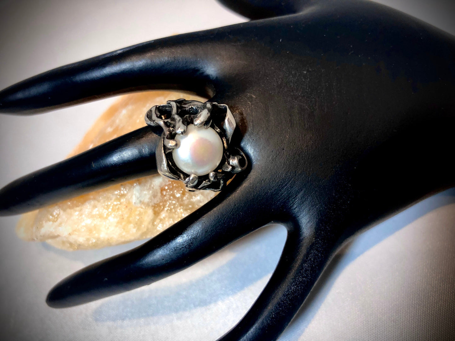 Art Nouveau Modernist 925 Sterling Silver & Pearl Ring sz 7