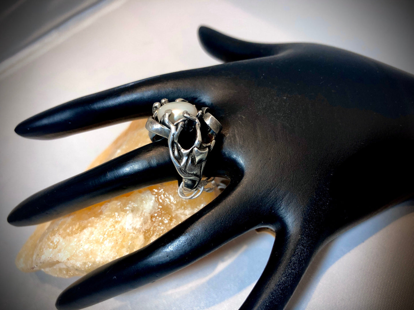 Art Nouveau Modernist 925 Sterling Silver & Pearl Ring sz 7