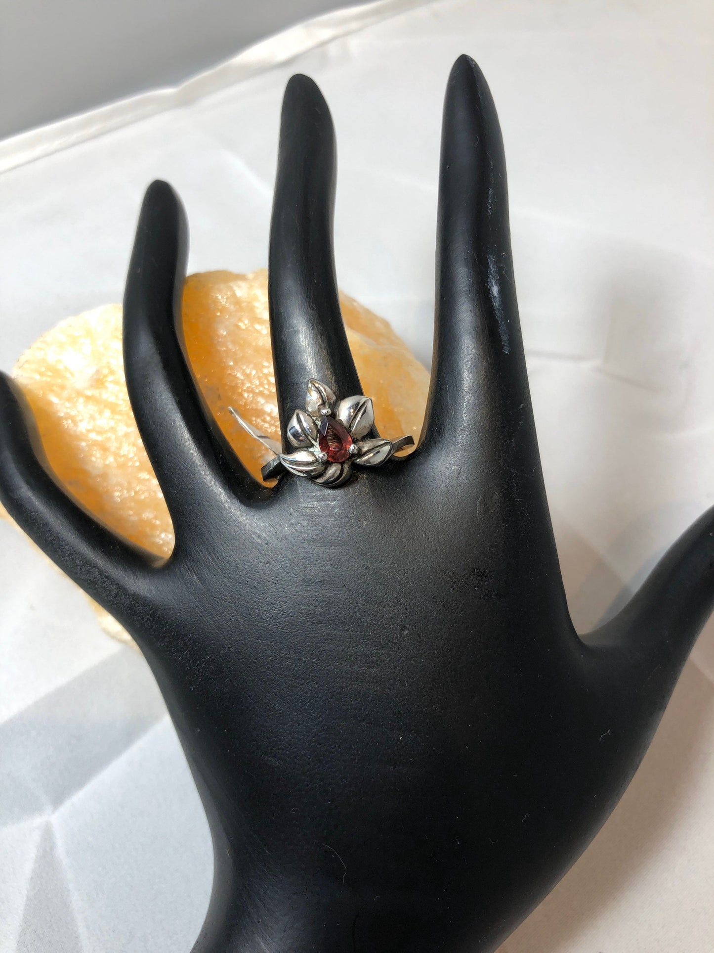 Sterling silver and garnet flower art nouveau ring