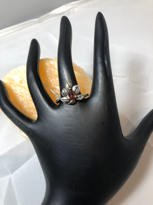 Sterling silver and garnet flower art nouveau ring