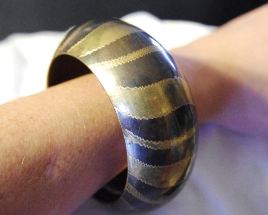 Vintage Chunky Bold Brass Tiger Stripe 70's Wide Bangle Bracelet