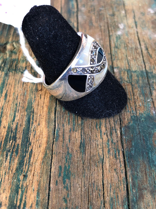 Art Deco sterling onyx mother of pearl and marcasite ring