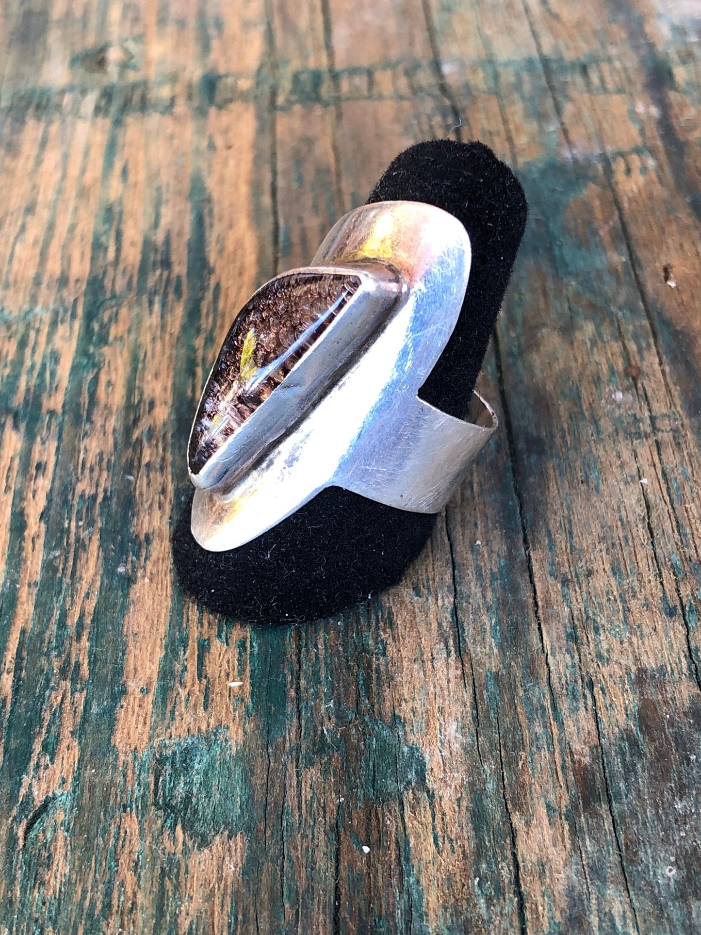 Modernist Sterling Silver and Art Glass Chunky Statement Ring