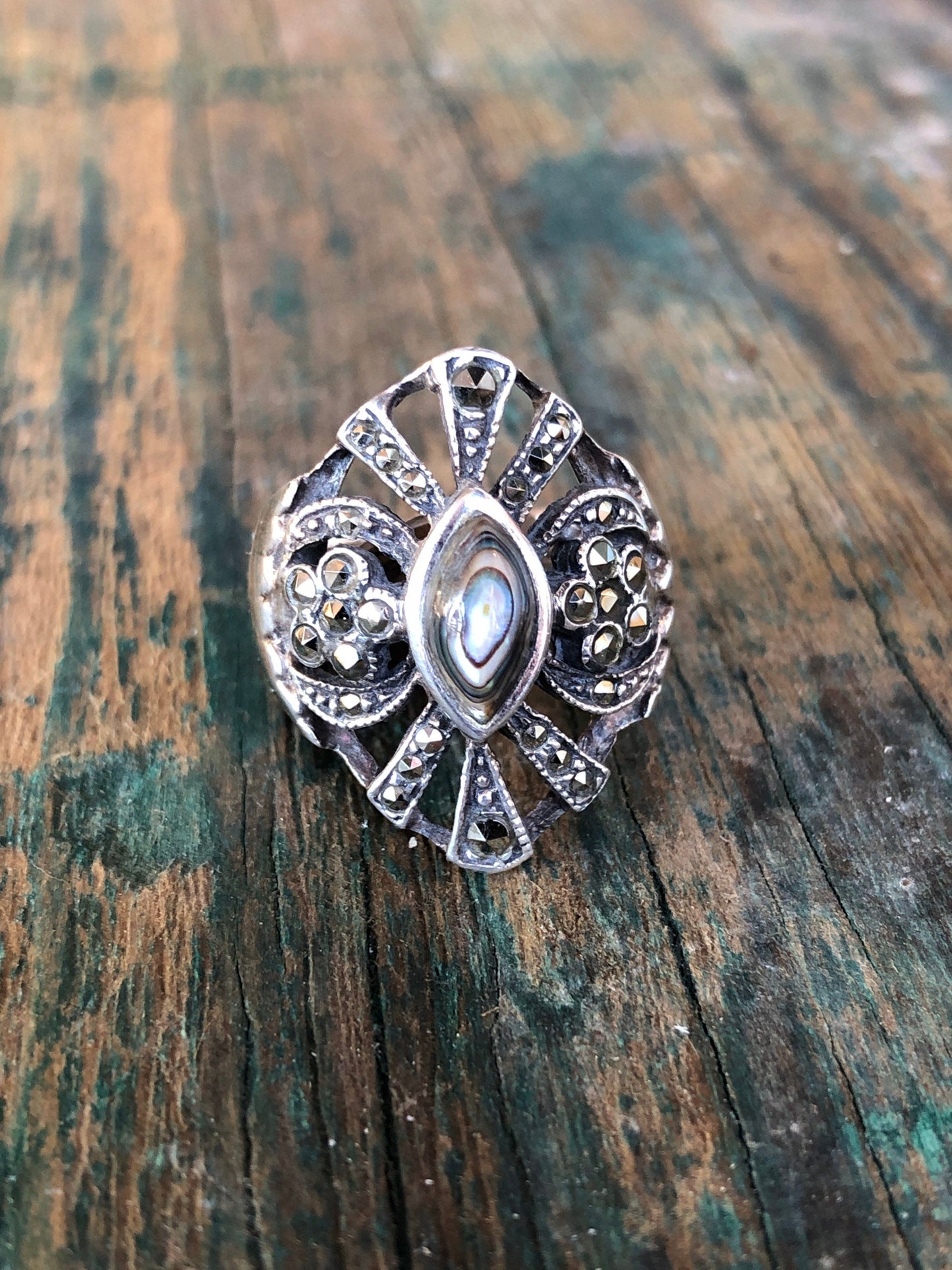 Art deco sterling marcasite and abalone ring