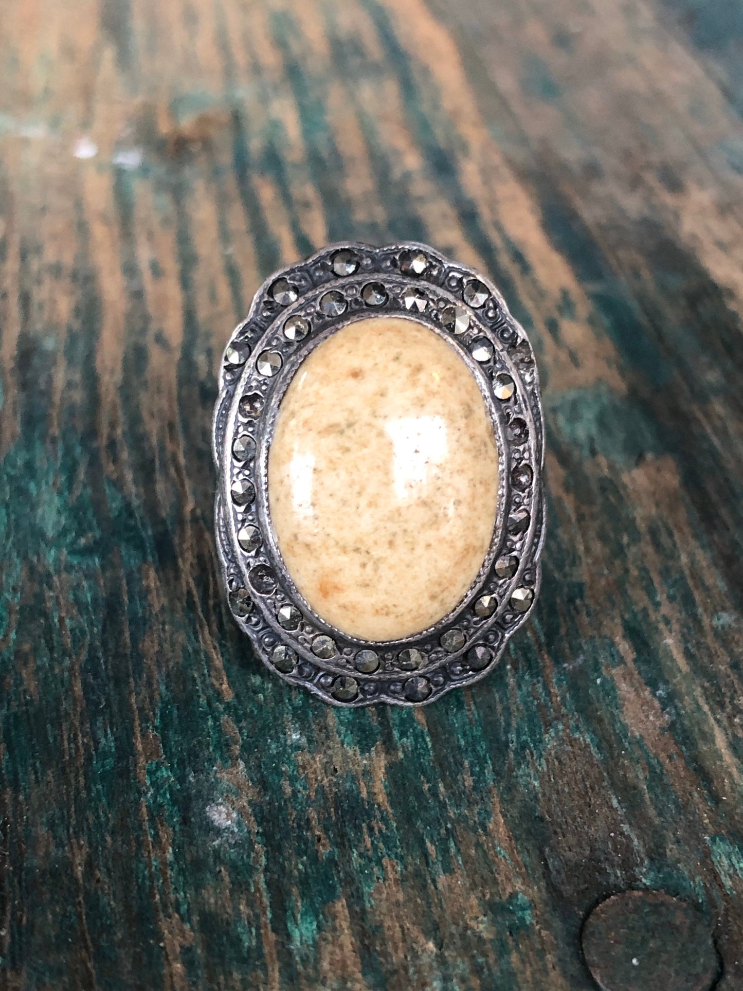 Art Deco Uncas Mfg. Co. Sterling Silver & Marcasite with Large Beige Jasper Ring