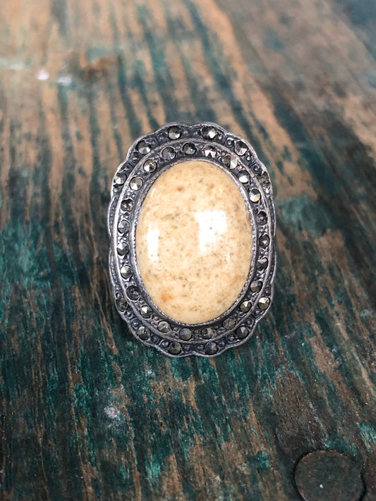 Art Deco Uncas Mfg. Co. Sterling Silver & Marcasite with Large Beige Jasper Ring