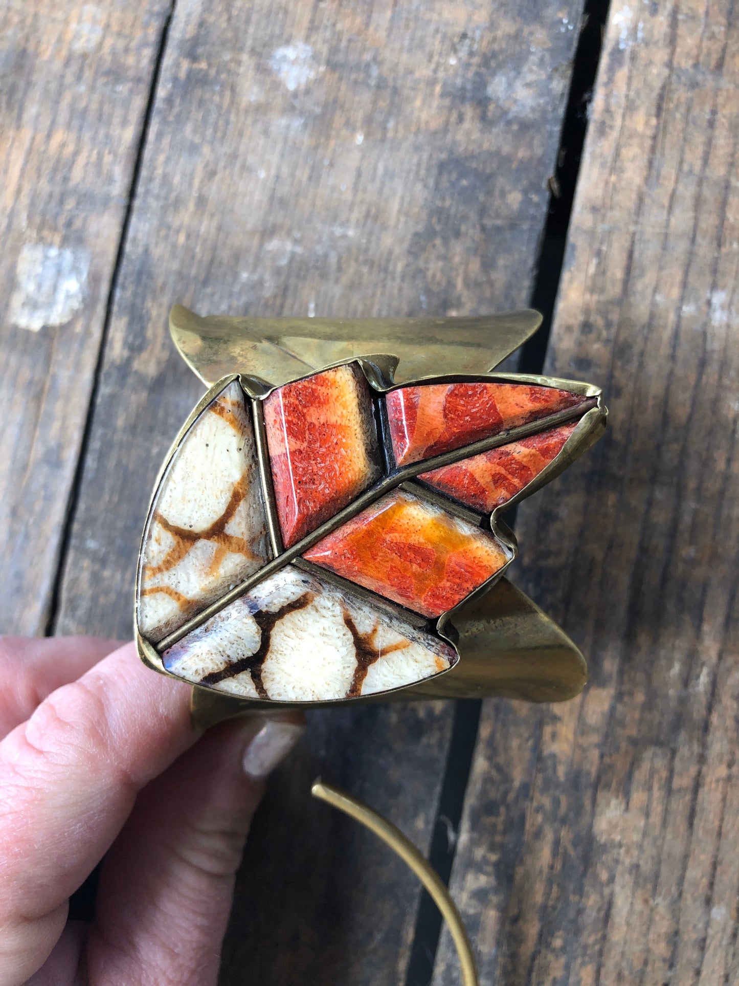 Antique Brass and Orange Coral Leaf Brass Necklace & Bracelet Set