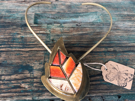 Antique Brass and Orange Coral Leaf Brass Necklace & Bracelet Set