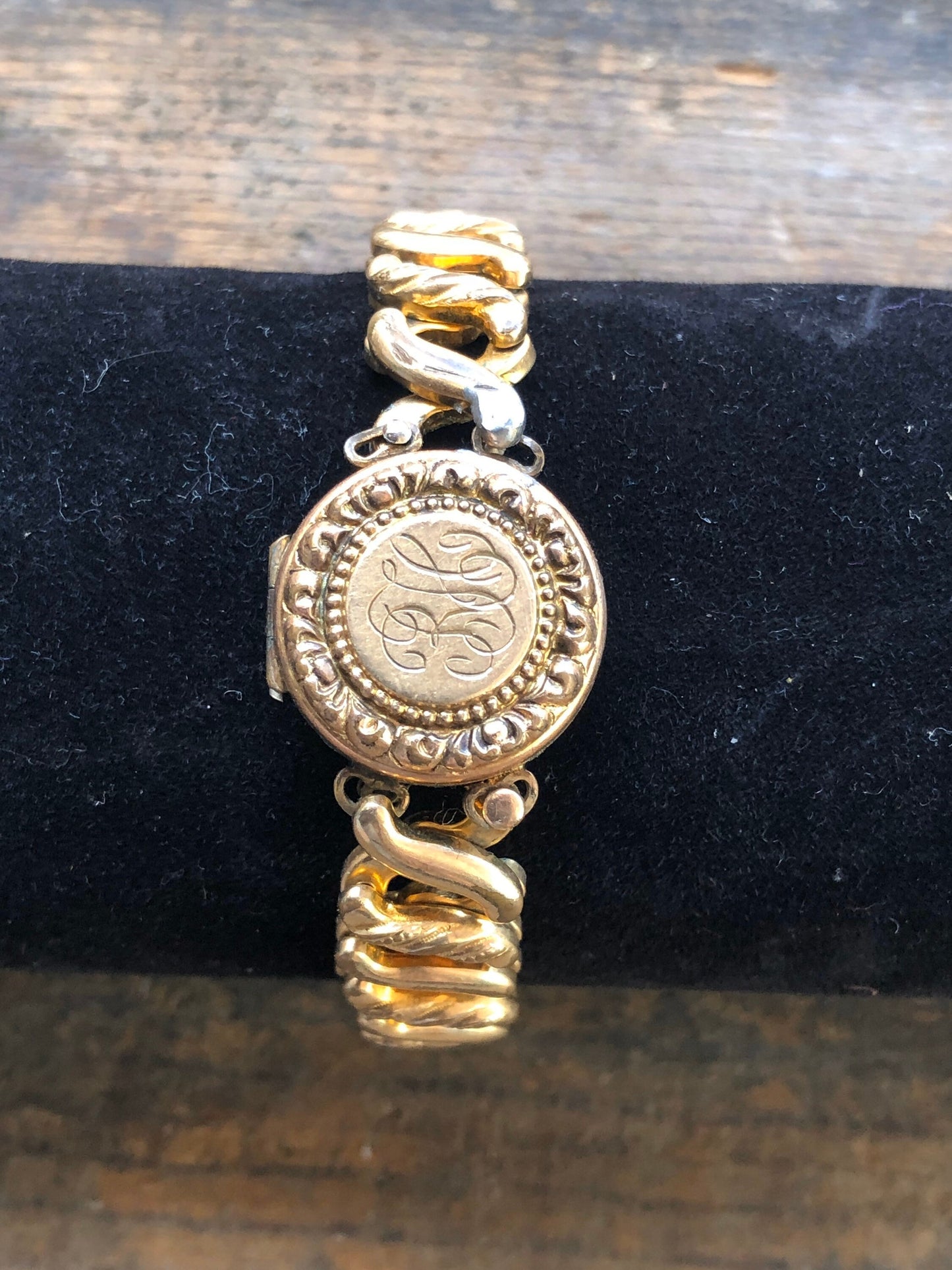 Victorian rolled gold locket expansion engraved bangle bracelet