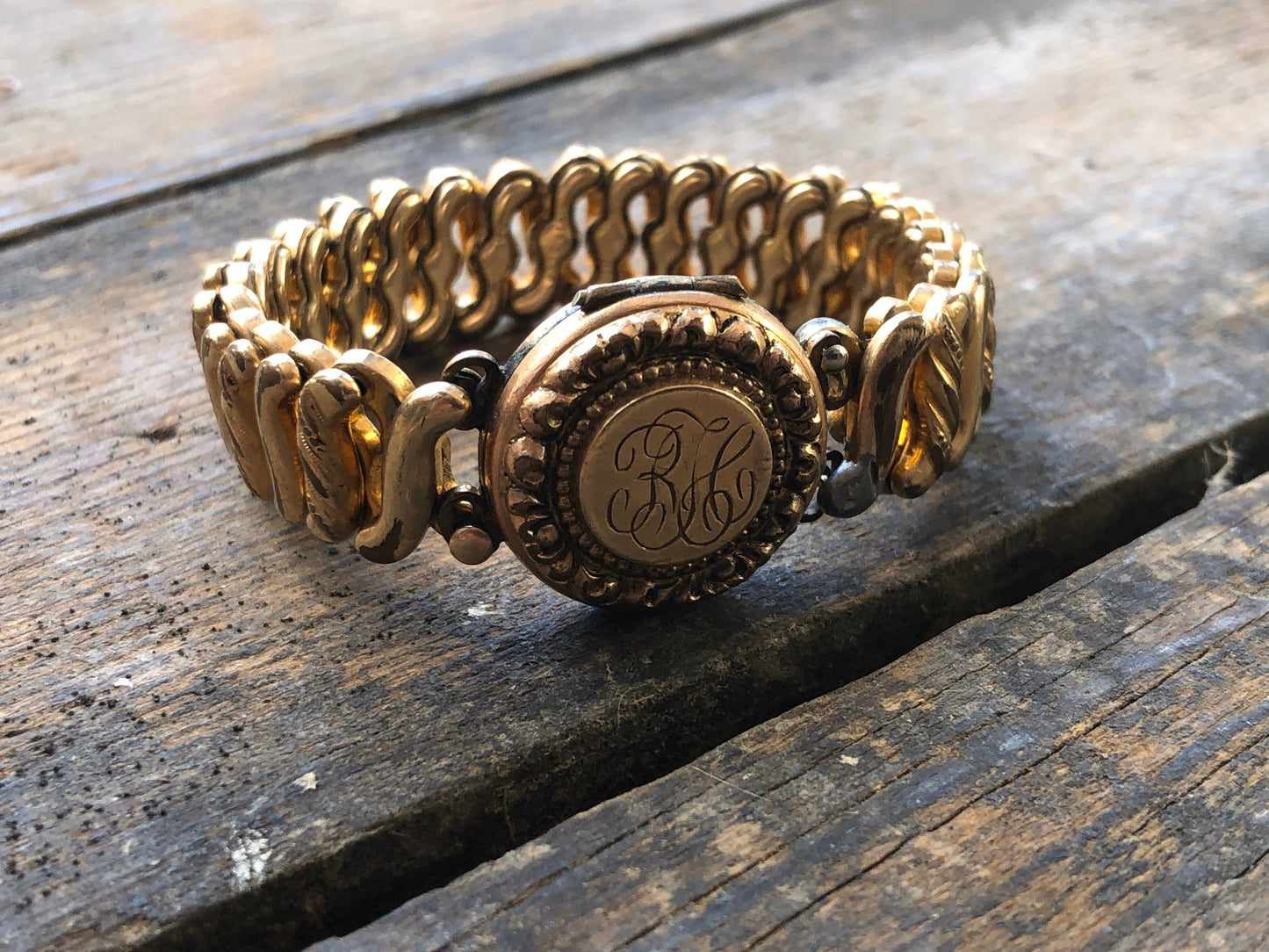 Victorian rolled gold locket expansion engraved bangle bracelet