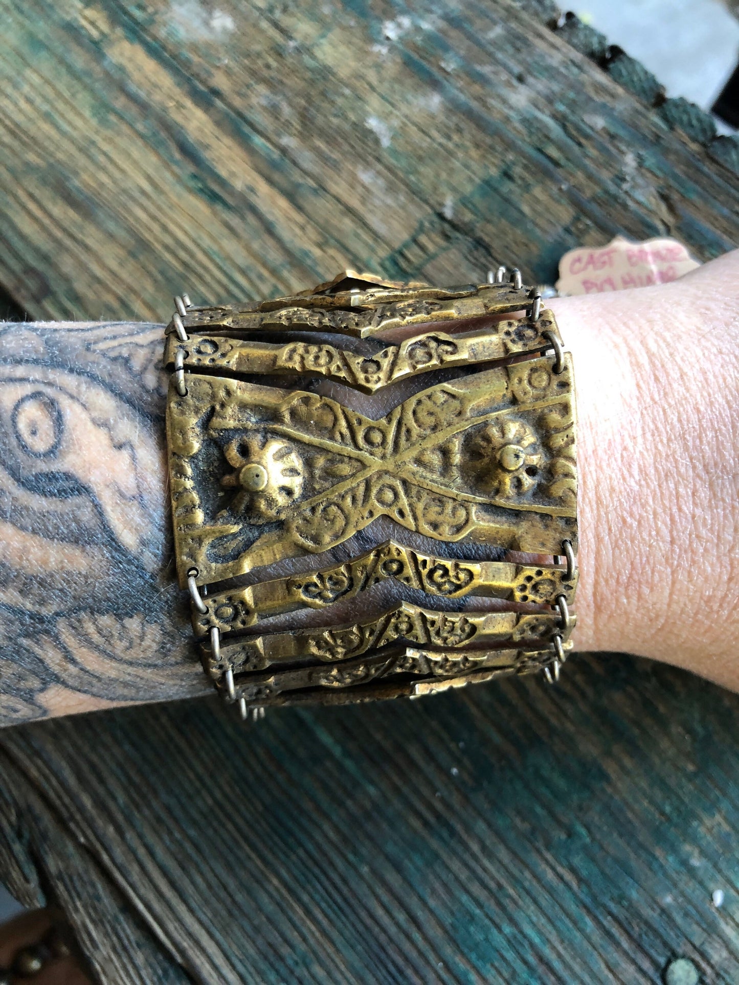 SALE Antique Barbaric Brass Pin Hinged Link Bracelet