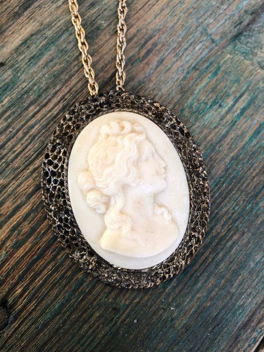 Victorian Milk Glass Cameo Brass convertible brooch to pendant necklace.