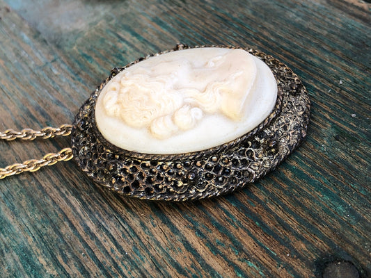 Victorian Milk Glass Cameo Brass convertible brooch to pendant necklace.