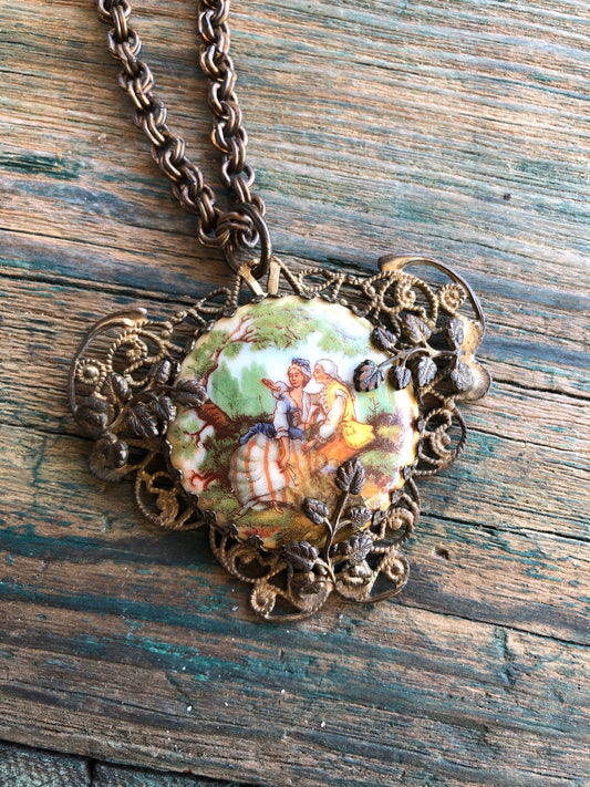 Victorian Courting Couple Limoge Signed Sam Biern NY Cameo Necklace