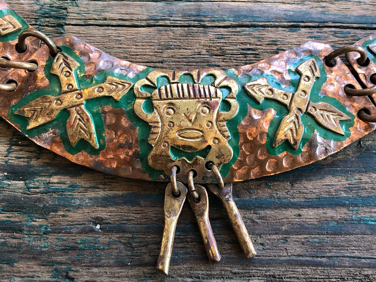 Mexican tribal hand hammered copper and brace tribal mask and arrow choker necklace