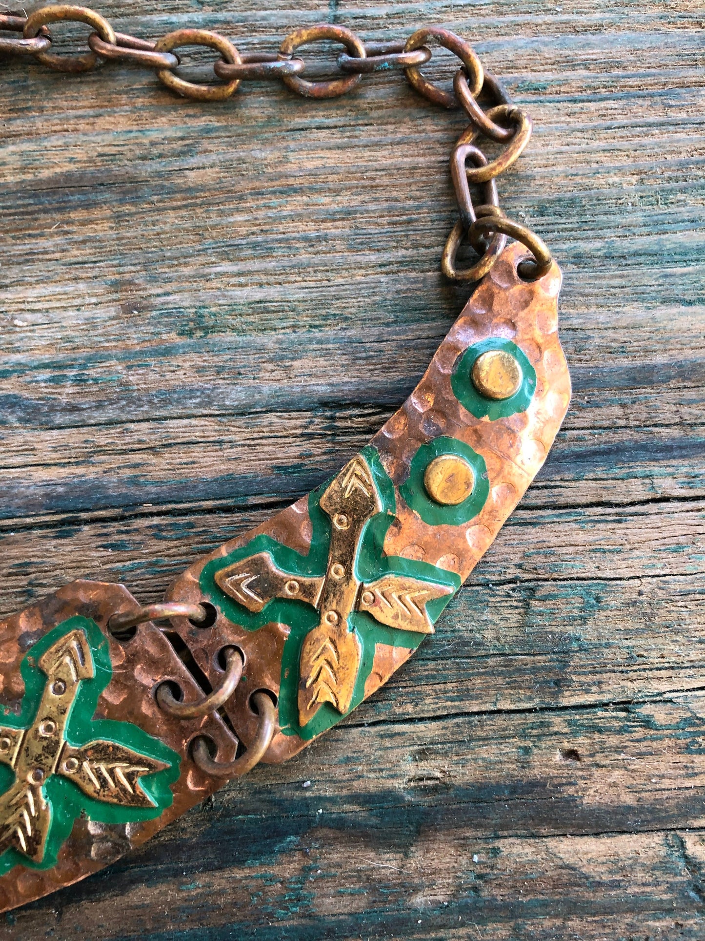 Mexican tribal hand hammered copper and brace tribal mask and arrow choker necklace