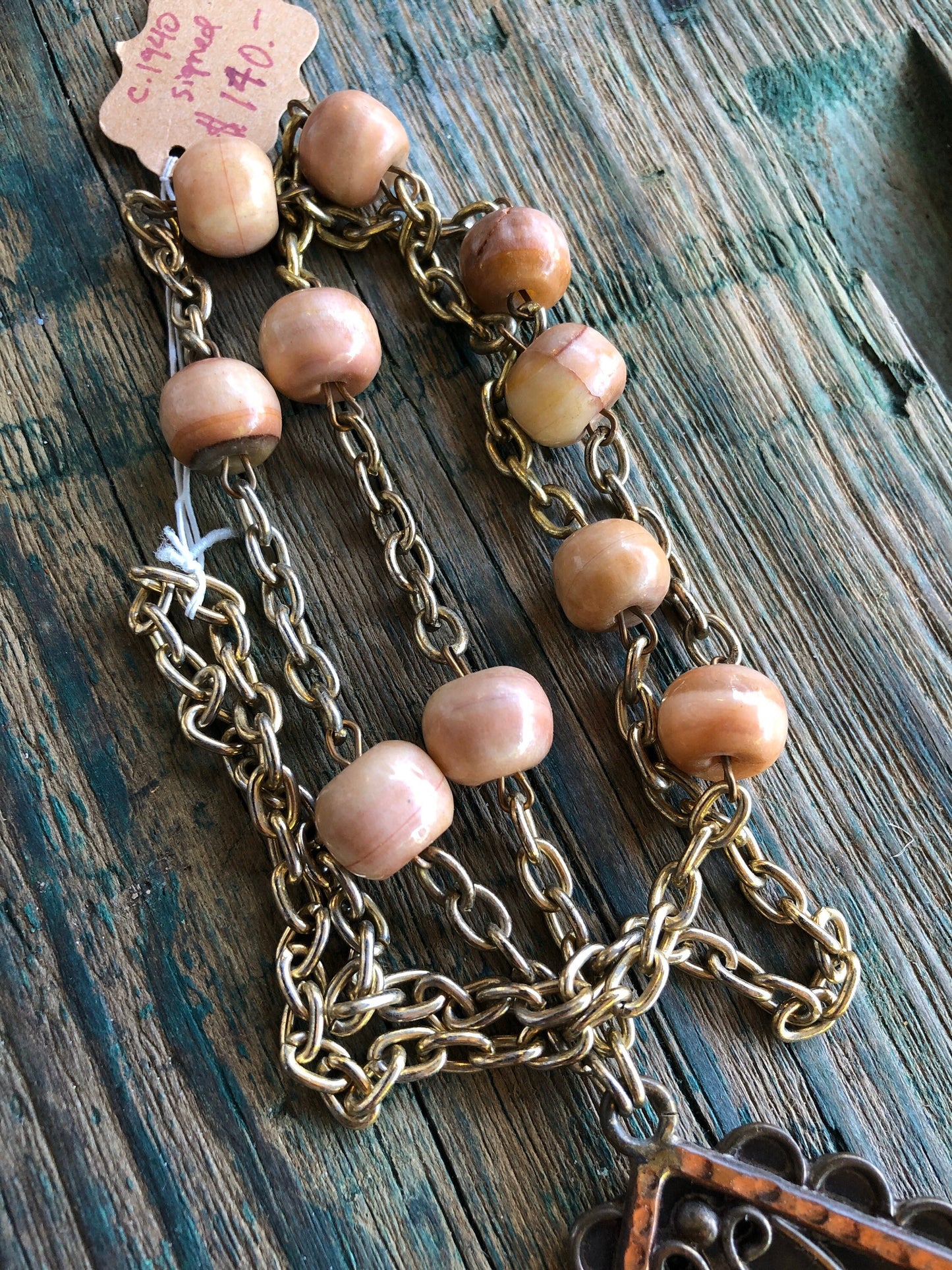 Copper & Brass Tribal Orange Agate gemstone face Necklace