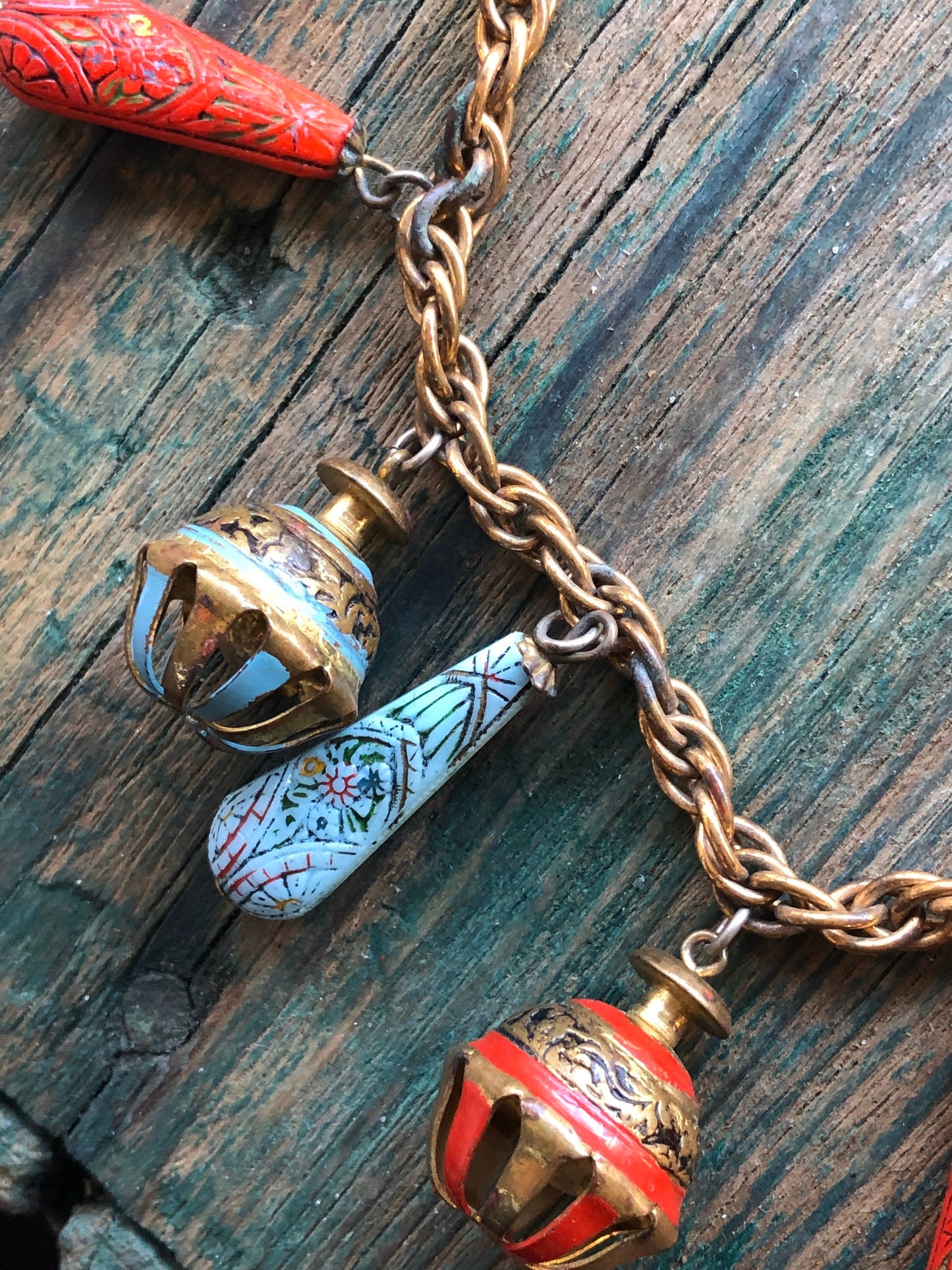 Art Nouveau Egyptian Painted Glyph Molded Art Glass & Bell Charm Necklace