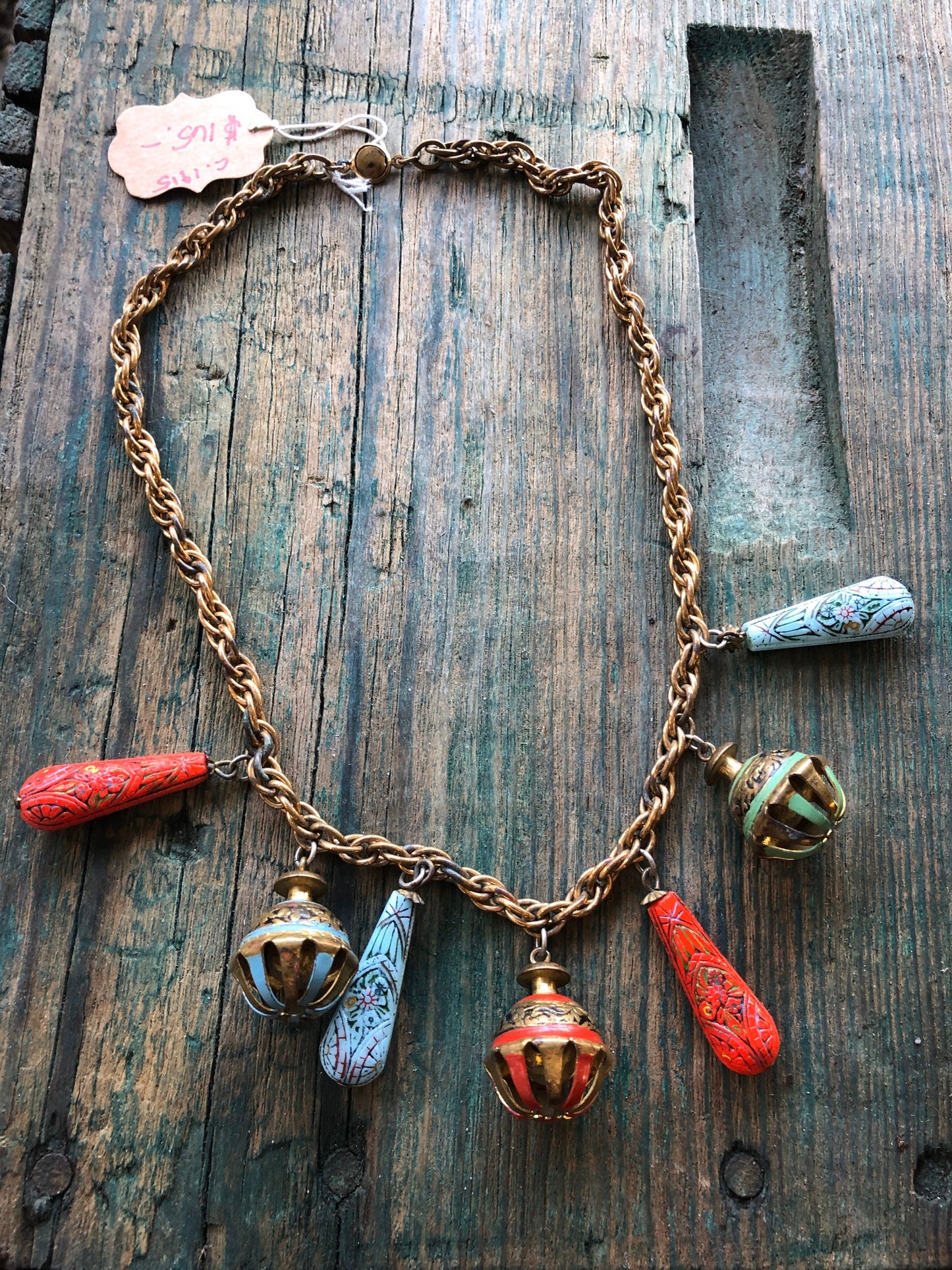 Art Nouveau Egyptian Painted Glyph Molded Art Glass & Bell Charm Necklace