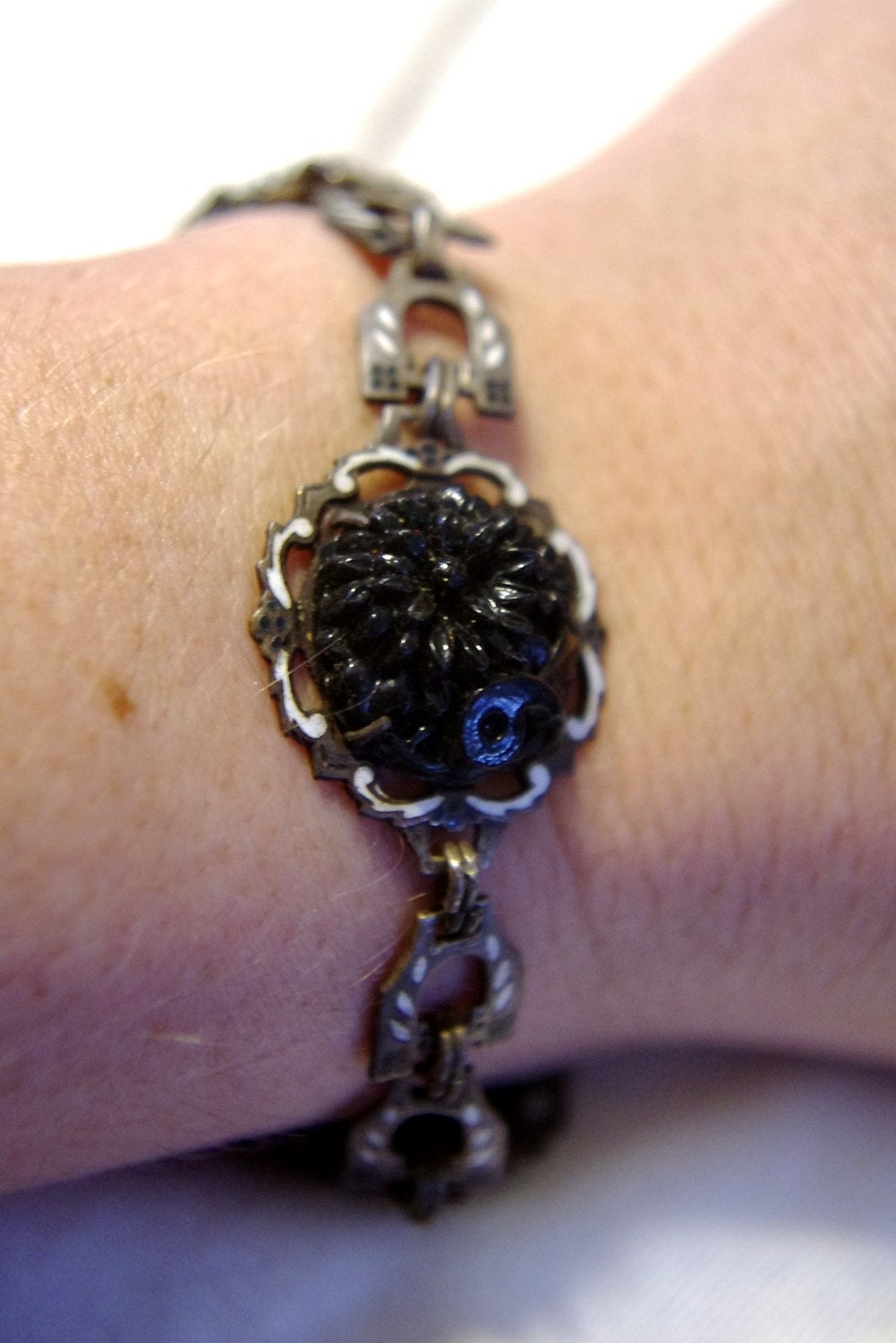 Antique Victorian Art Nouveau Silver Hand Painted Enamel & Black Molded Art Glass Flower Mourning Bracelet