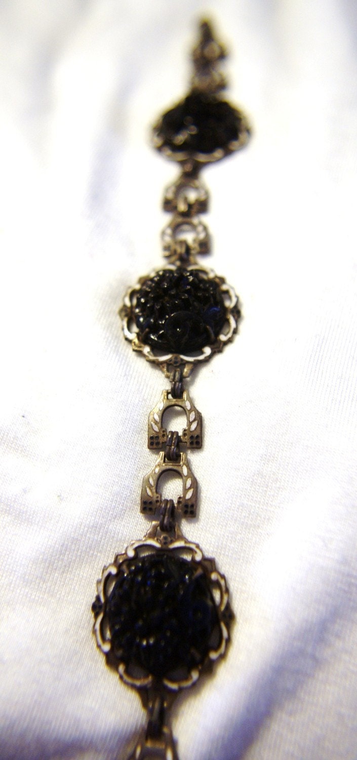 Antique Victorian Art Nouveau Silver Hand Painted Enamel & Black Molded Art Glass Flower Mourning Bracelet