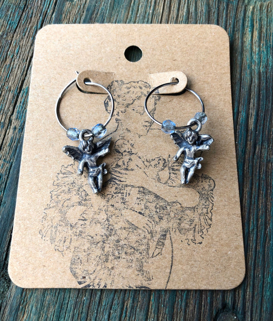 Sterling silver & blue topaz cherub angel hoop earrings