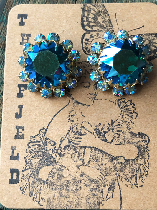 Aurora Borealis large rhinestone holly craft wiess hollywood glamour clip on earrings