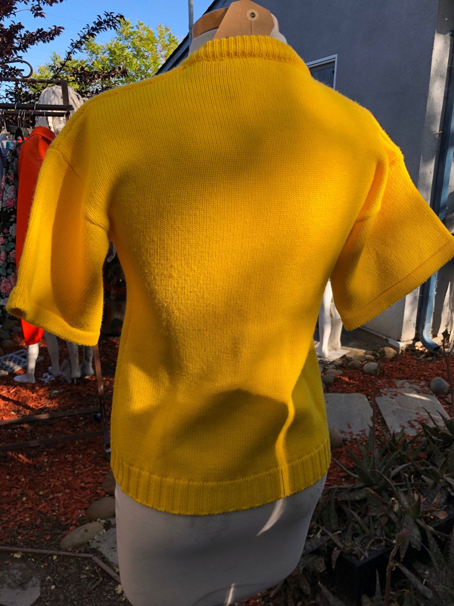 Vintage 1960 Yellow Knit Half Sleeve Cardigan with big white buttons