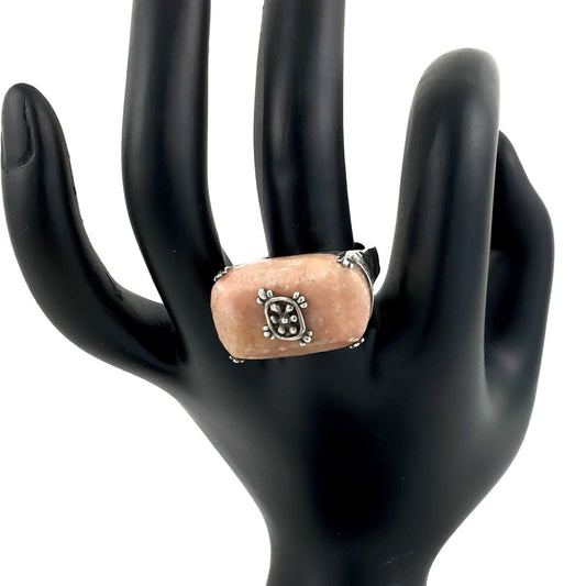 Hand hammered Sterling Silver Pink Rhodochrosite Gemstone Ring sz 8.25
