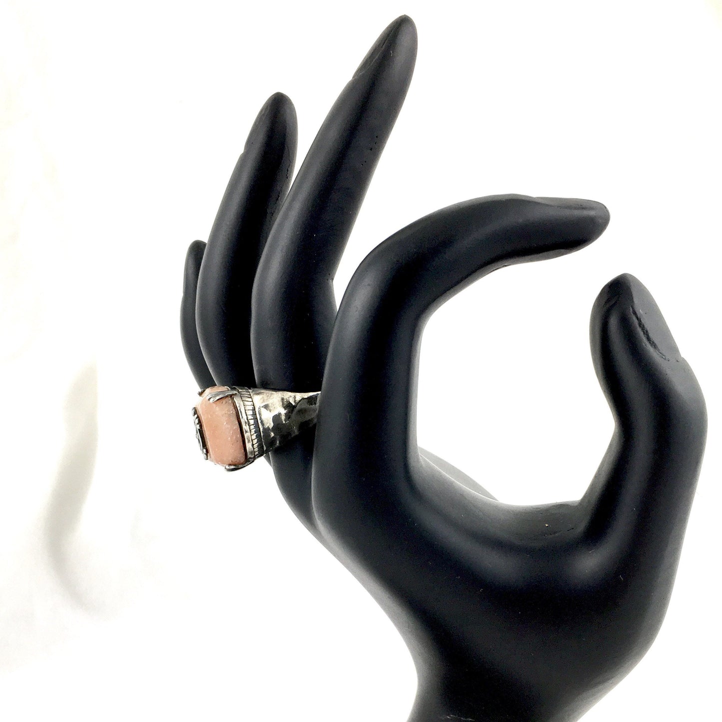 Hand hammered Sterling Silver Pink Rhodochrosite Gemstone Ring sz 8.25