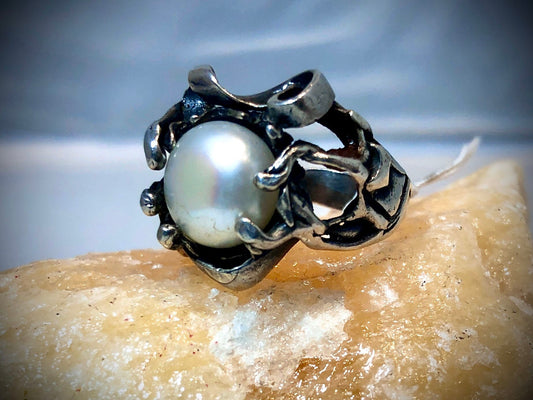 Art Nouveau Modernist 925 Sterling Silver & Pearl Ring sz 7