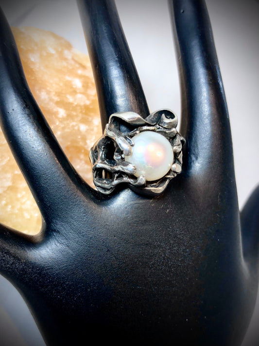 Art Nouveau Modernist 925 Sterling Silver & Pearl Ring sz 7
