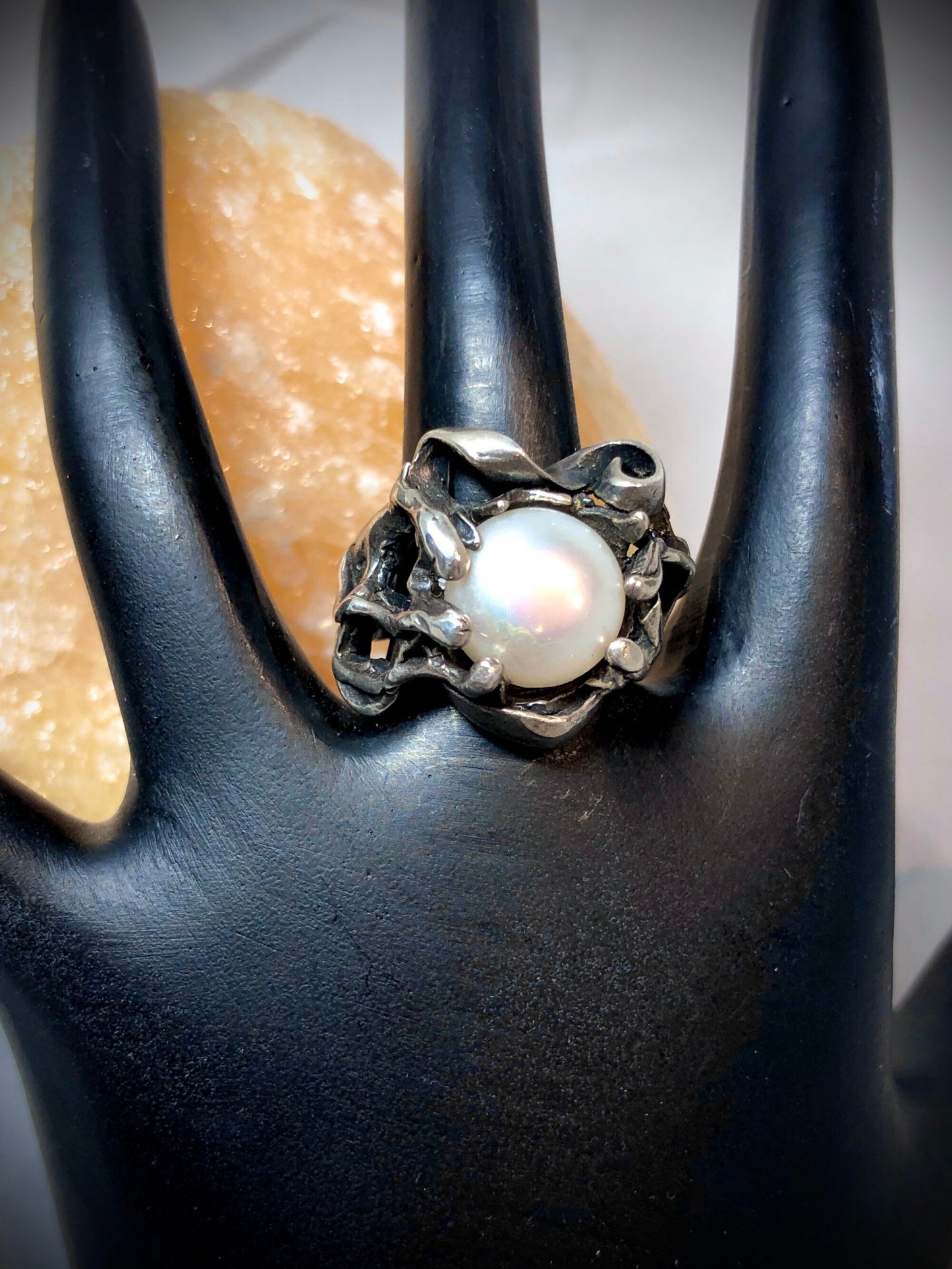 Art Nouveau Modernist 925 Sterling Silver & Pearl Ring sz 7