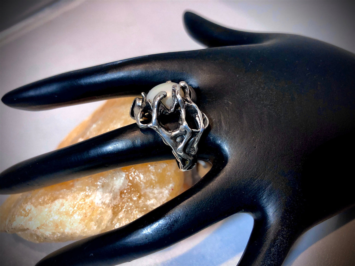 Art Nouveau Modernist 925 Sterling Silver & Pearl Ring sz 7