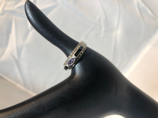 Sterling silver amethyst onyx and marcasite art deco band ring