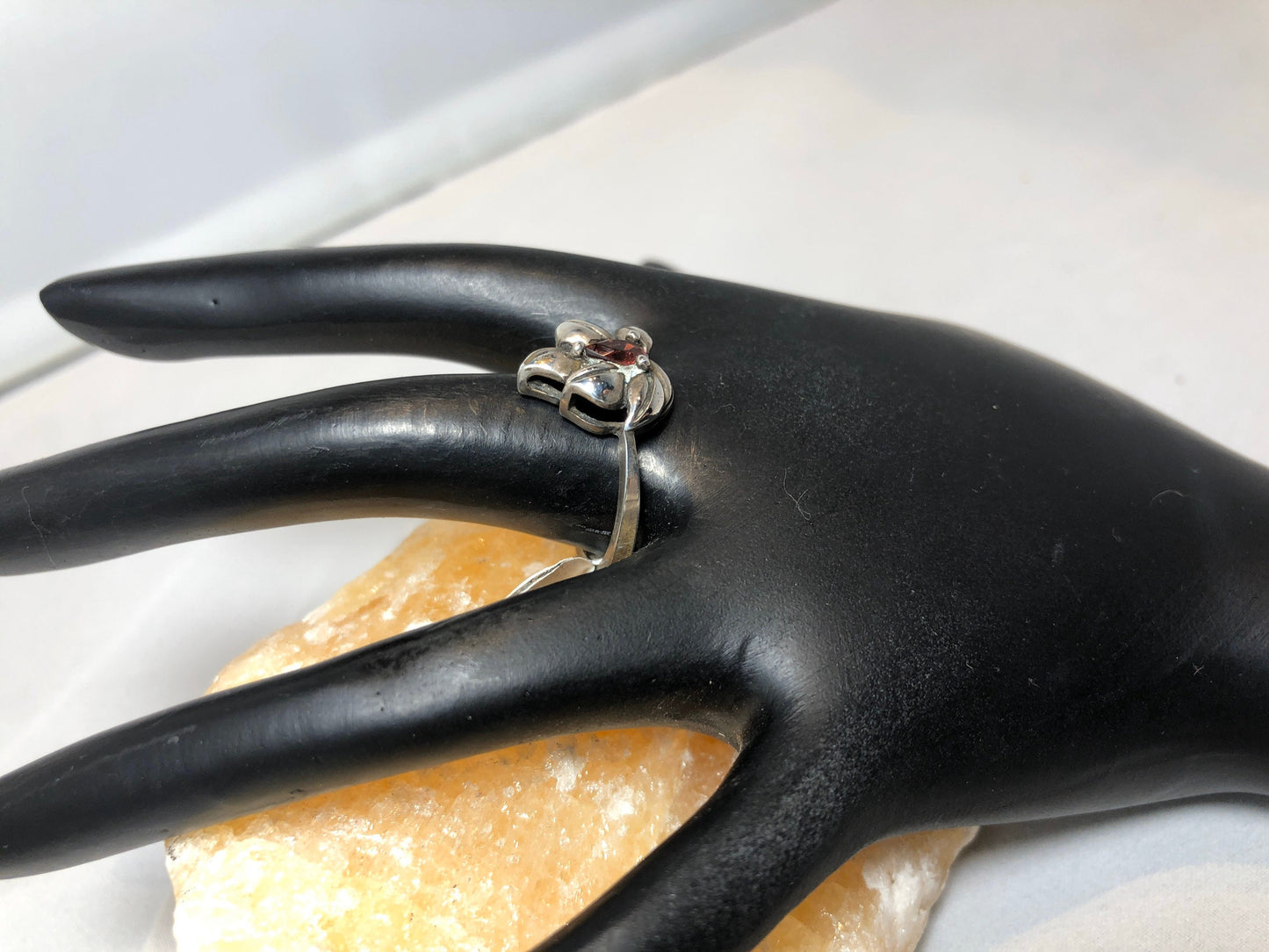 Sterling silver and garnet flower art nouveau ring