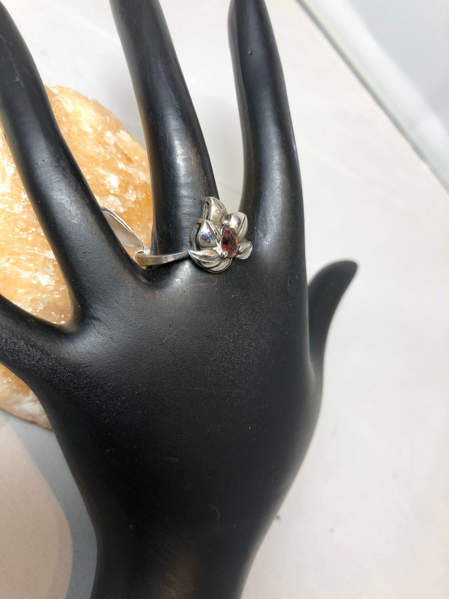 Sterling silver and garnet flower art nouveau ring