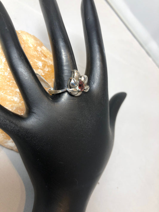 Sterling silver and garnet flower art nouveau ring