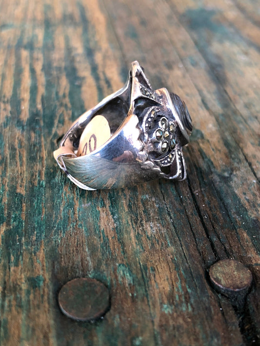 Art deco sterling marcasite and abalone ring