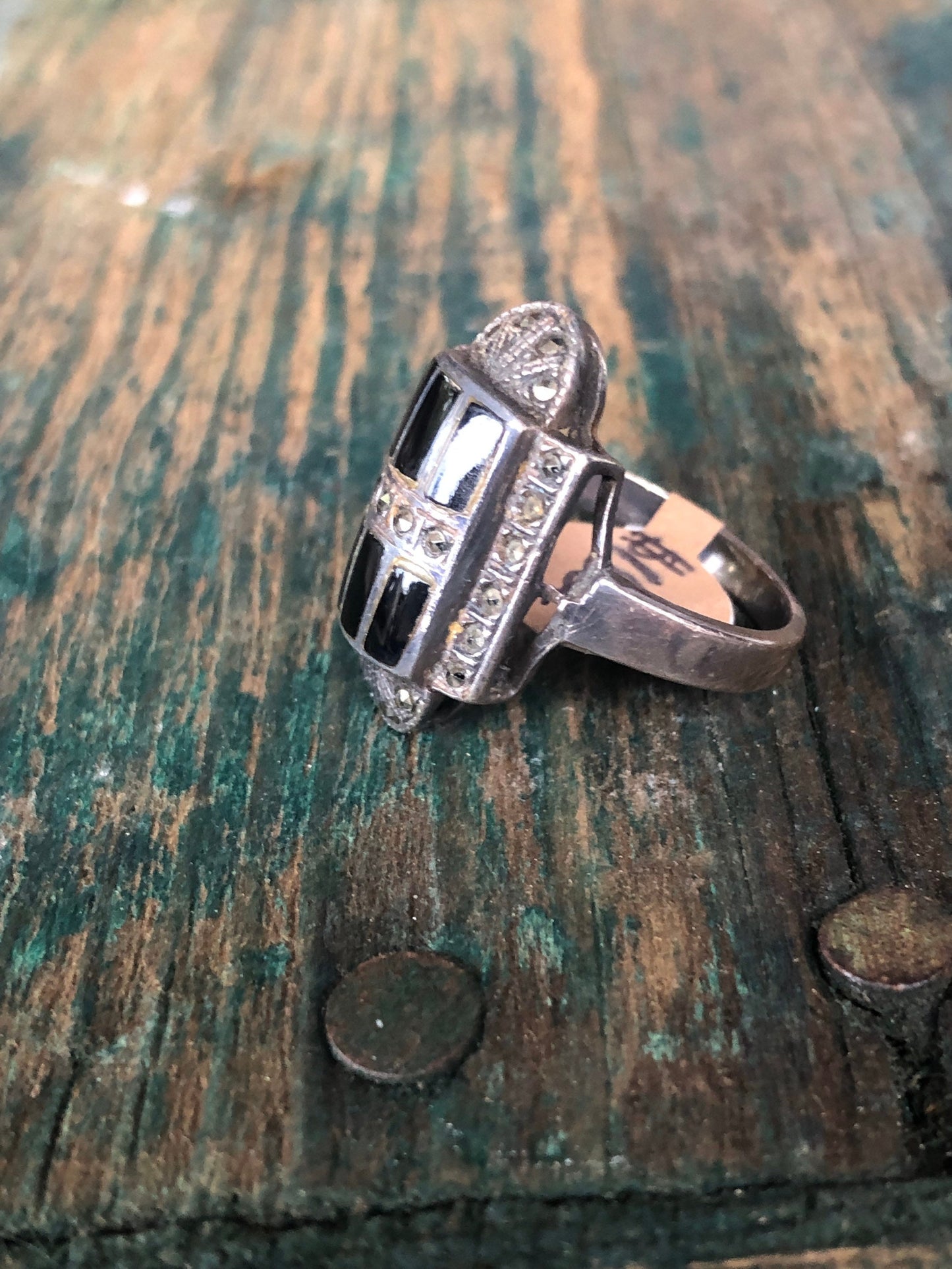 Art Deco Sterling Silver Onyx with Marcasite 6 gemstone Ring