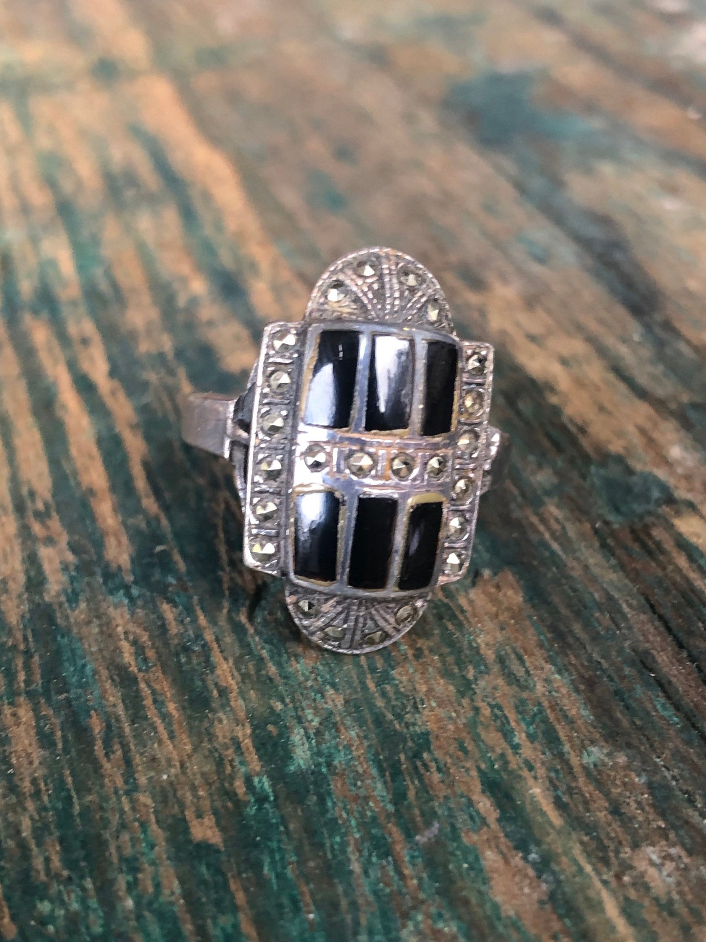 Art Deco Sterling Silver Onyx with Marcasite 6 gemstone Ring