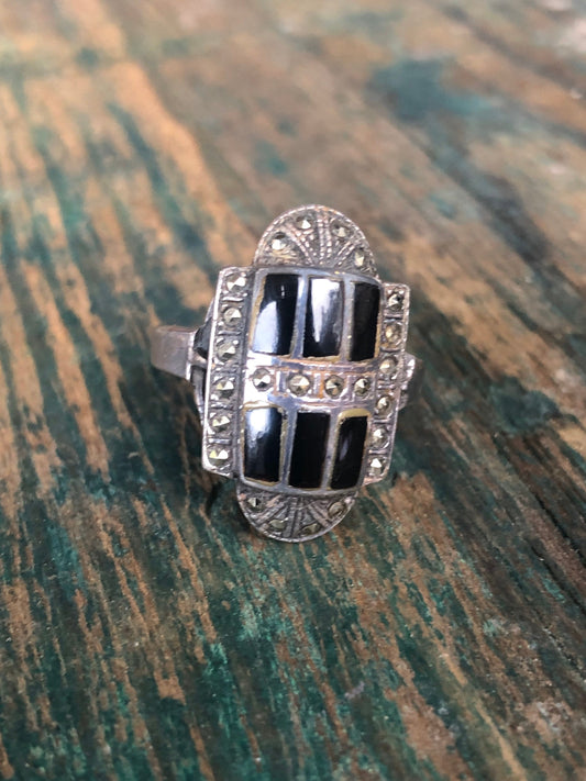 Art Deco Sterling Silver Onyx with Marcasite 6 gemstone Ring